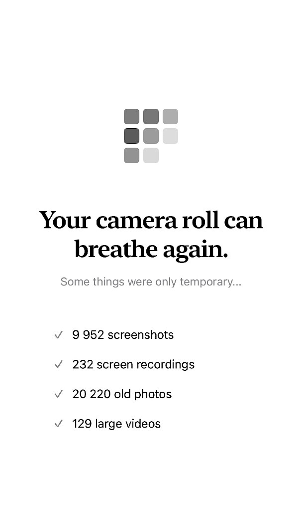 Deletely found screenshots, screen recordings, old photos and large videos.